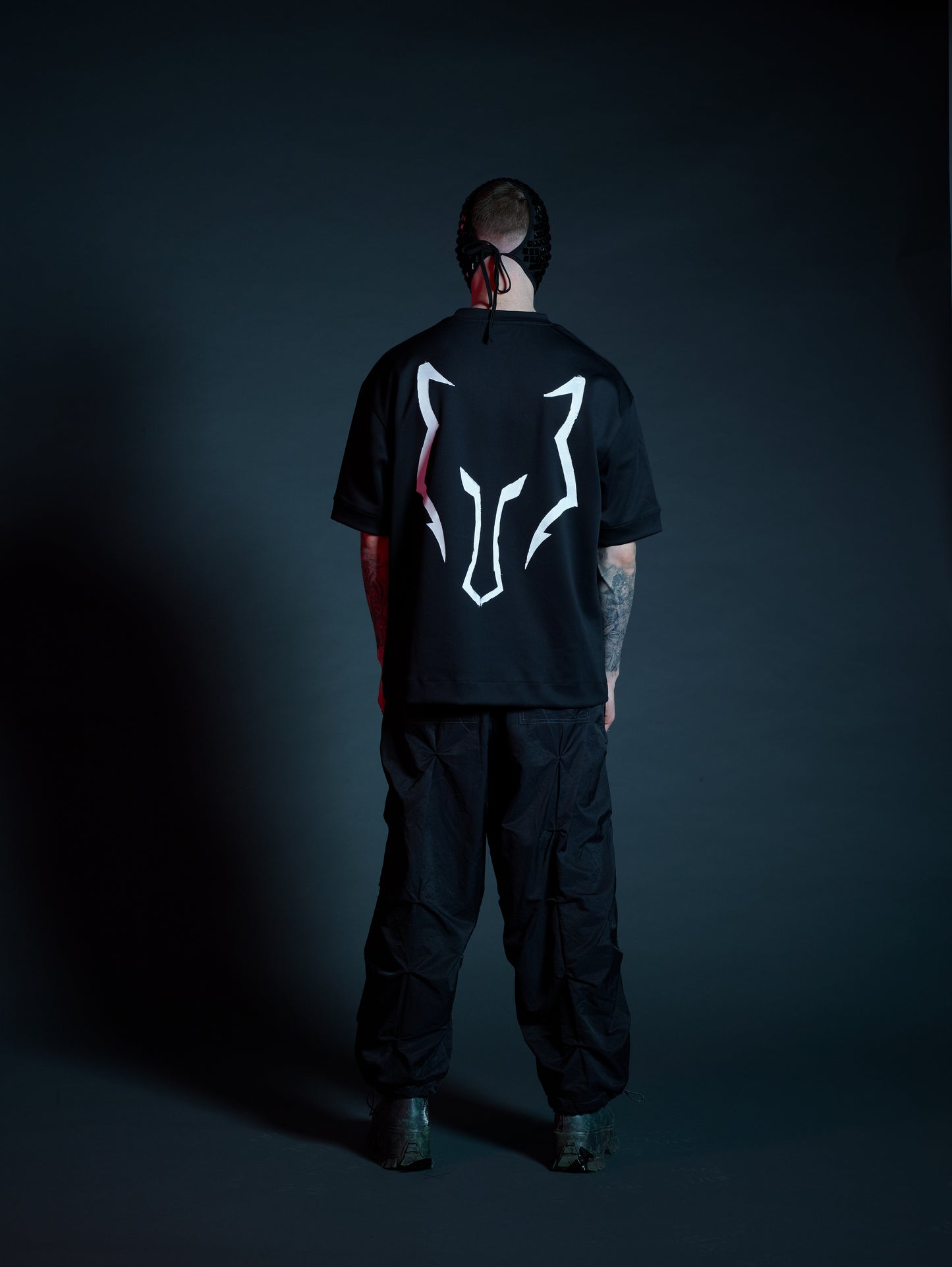 Miyamoto neoprene t-shirt mens black back view, vertical mirrored double overlap print, modern fashion, premium neoprene fabric.