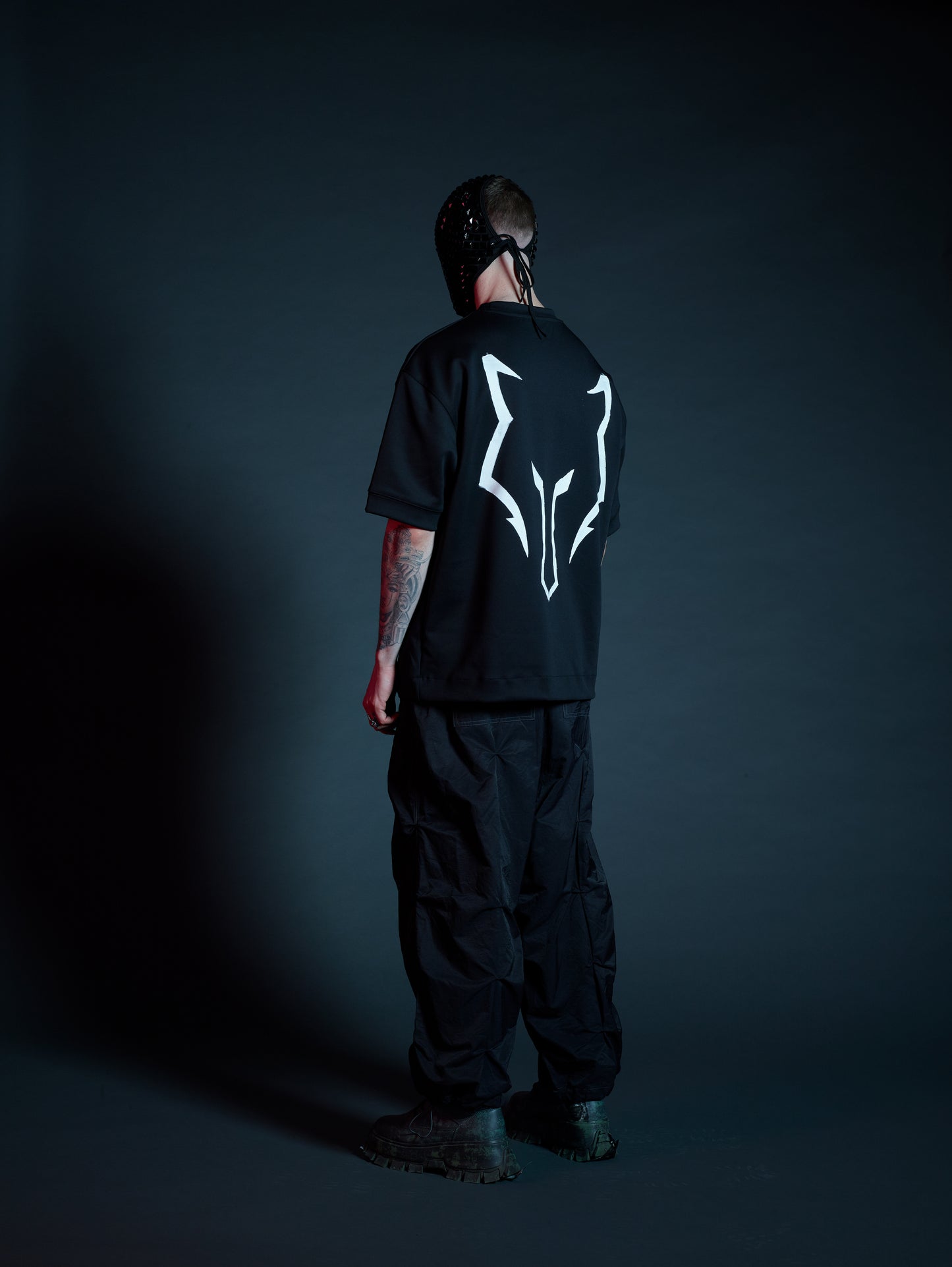 Miyamoto neoprene t-shirt mens black left side view, avant-garde design, vertical mirrored double overlap technique, premium neoprene fabric