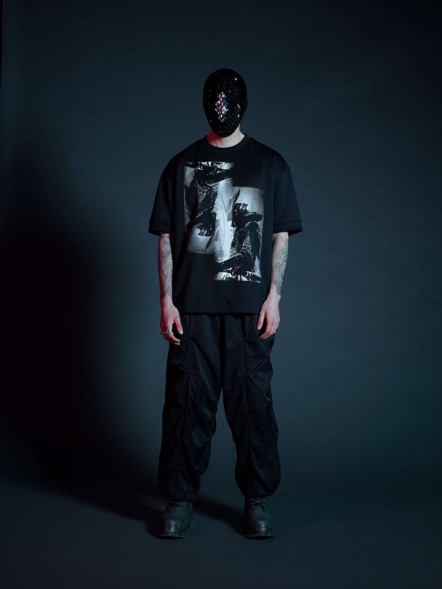 Miyamoto neoprene t-shirt mens black front view, avant-garde design, vertical mirrored double overlap print, premium neoprene fabric.