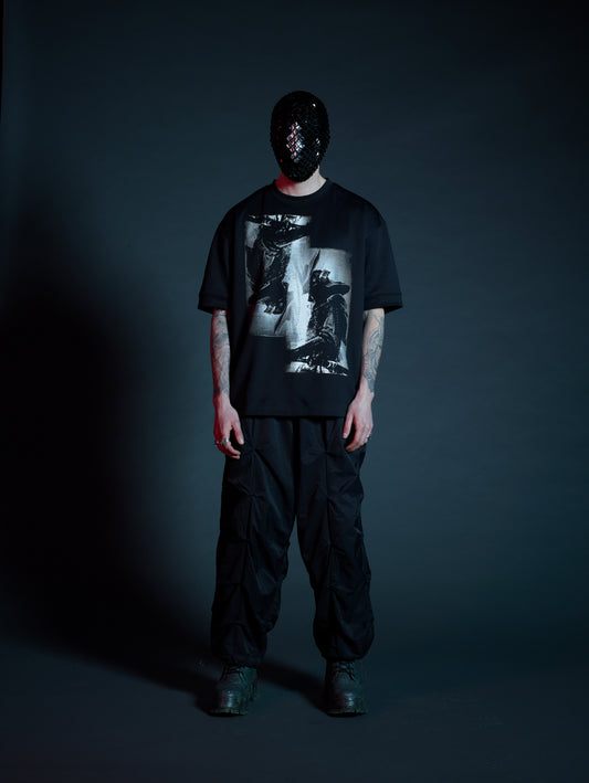 Front view of Miyamoto neoprene oversized mens streetwear tee with mirrored print