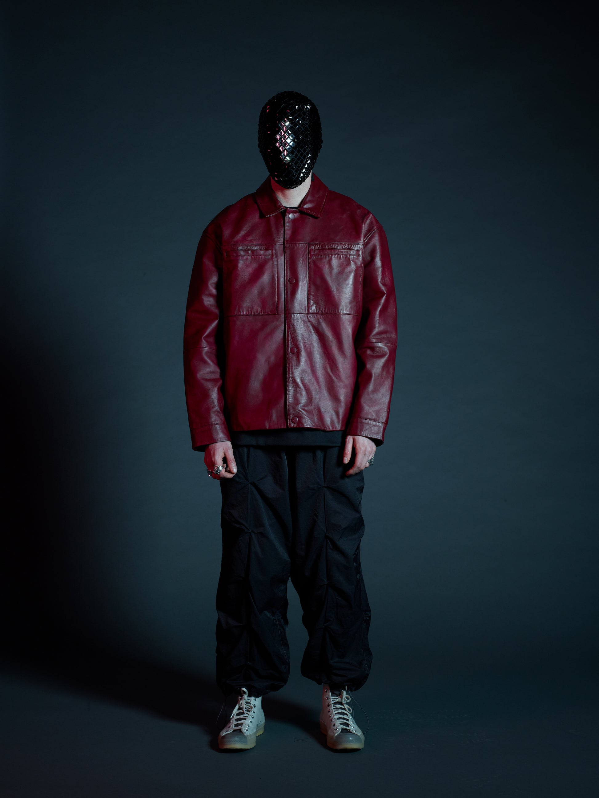 Front view of Kamikaze burgundy leather streetwear jacket on model