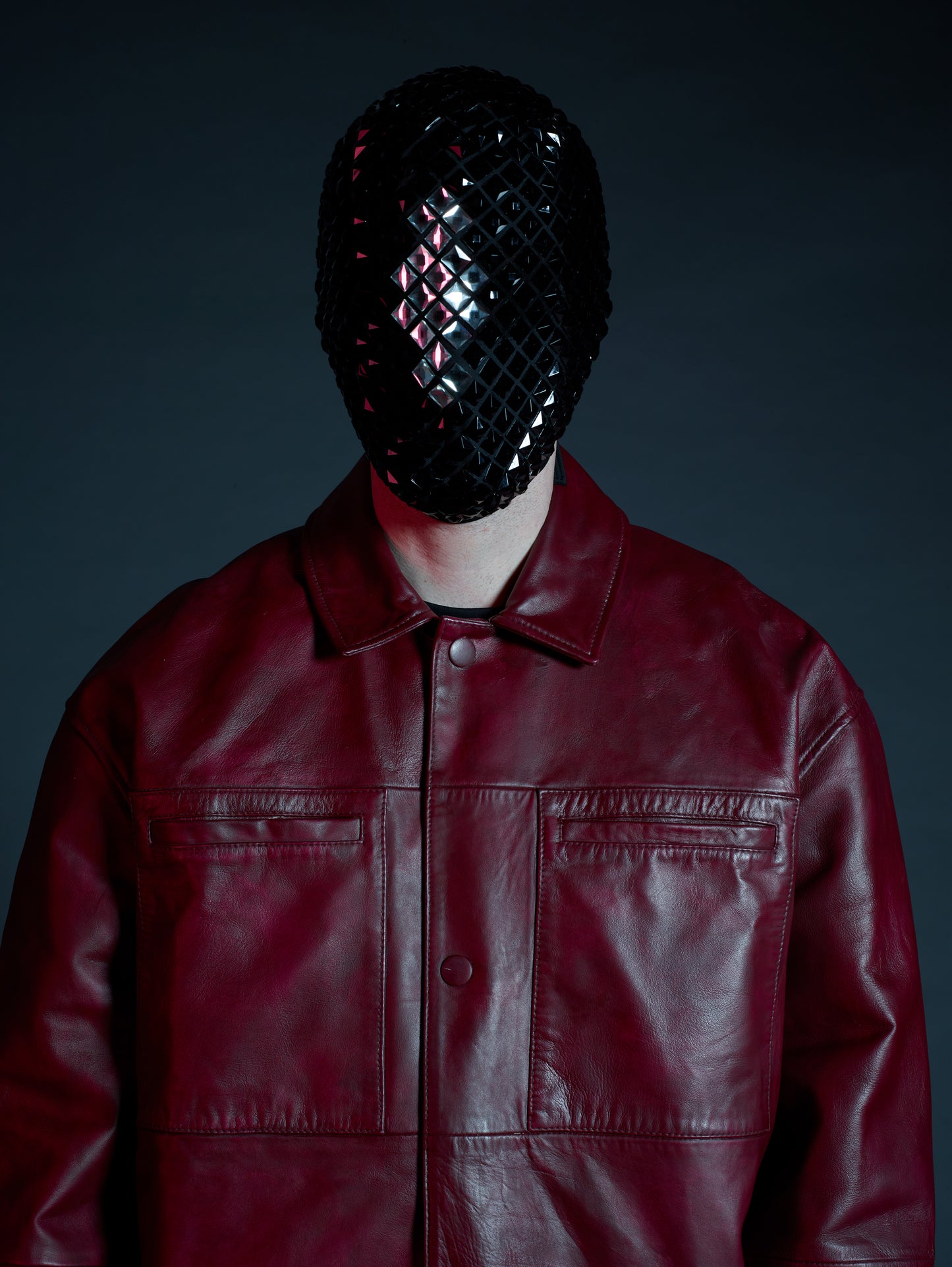 Hanger shot of Kamikaze burgundy leather streetwear jacket for men