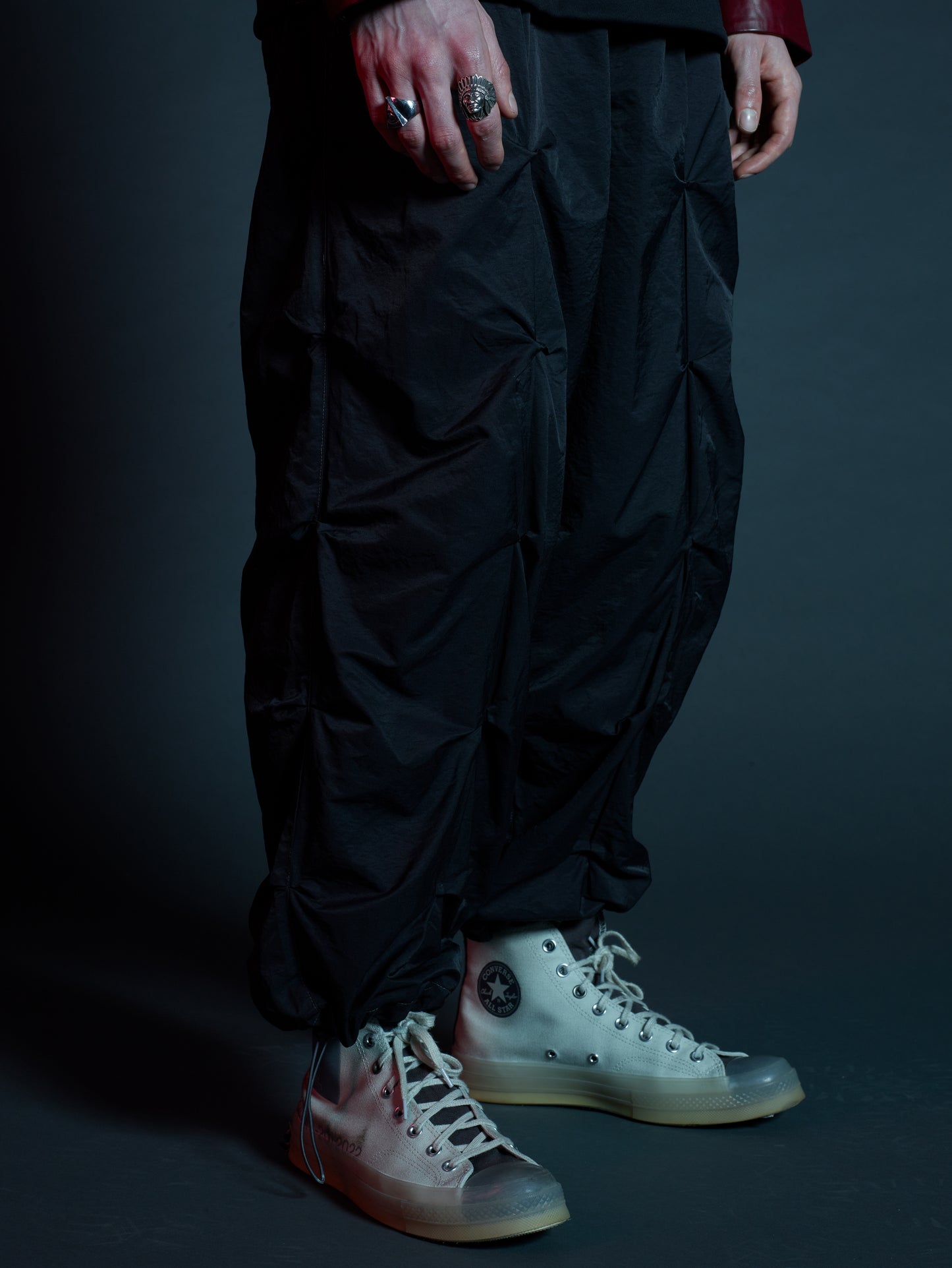 Side profile of Martial oversized cargos showing drawstring hem adjustment