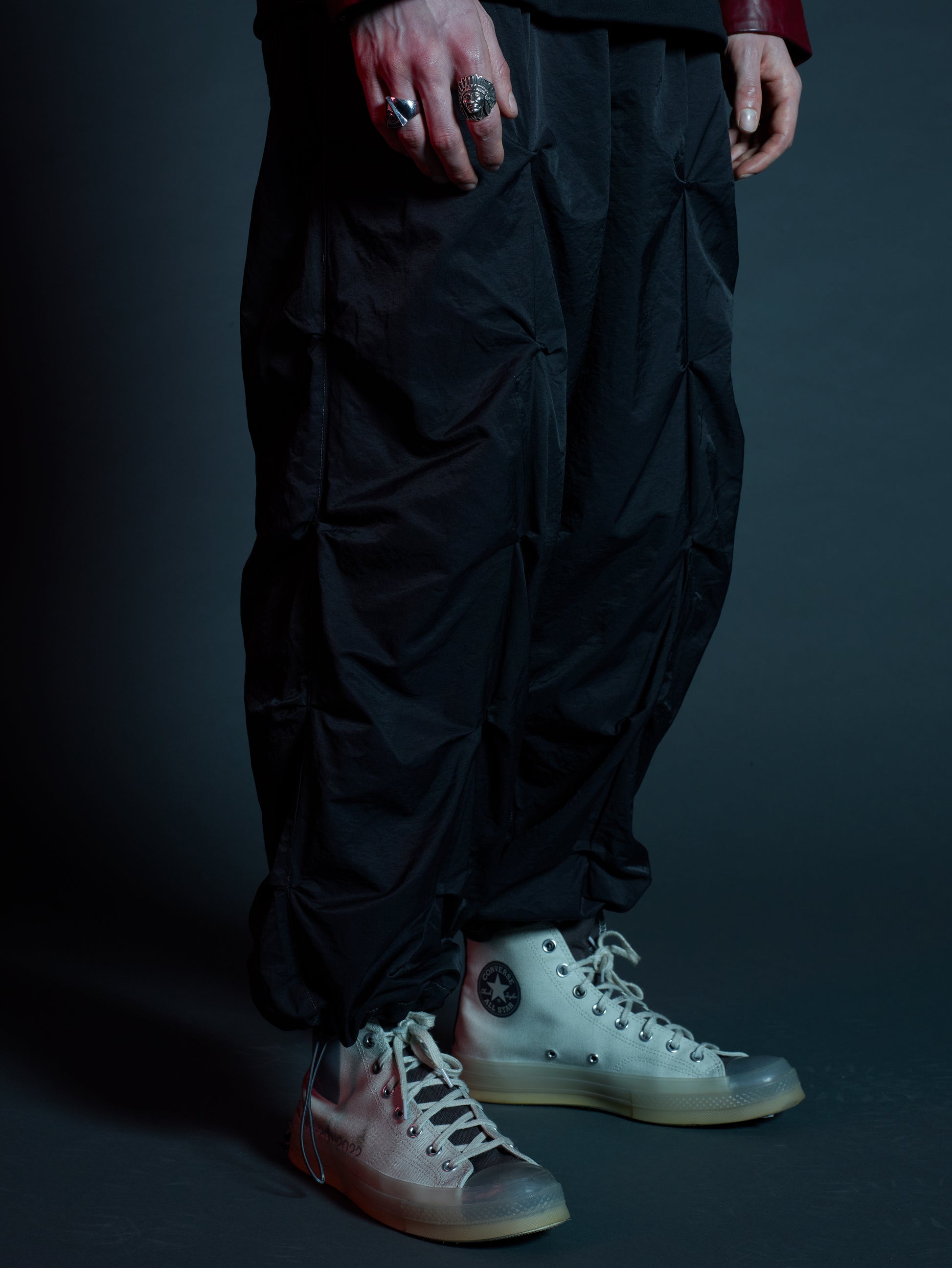 Side profile of Martial oversized cargos showing drawstring hem adjustment