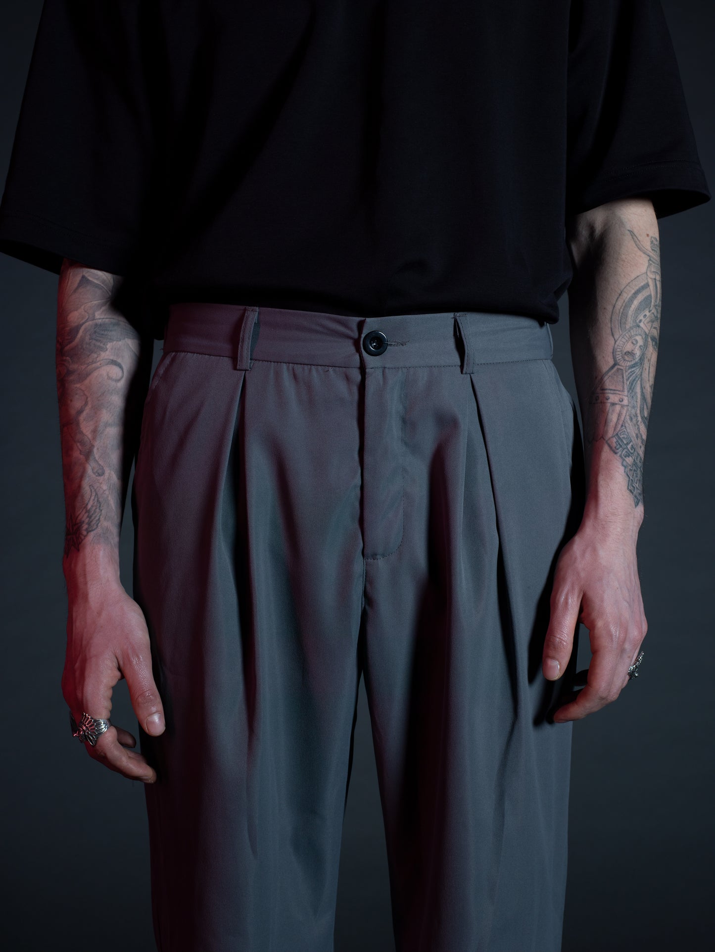 Model styling Katana trousers with oversized mens streetwear tee
