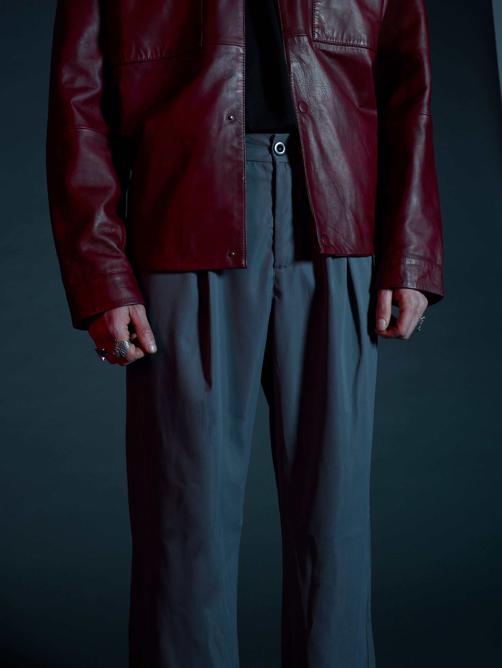 Side view of Katana wide leg trousers styled with low-rise shoes